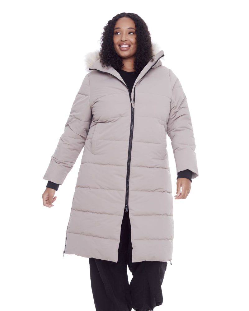 Front of a model wearing a size 1X Women's Plus Size - KLUANE | Vegan Down Recycled Ultra Long Winter Parka, Water Repellent in Light Taupe by Alpine North. | dia_product_style_image_id:320676